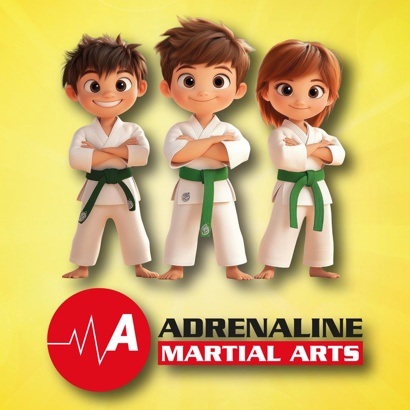 Three children in martial arts uniforms smiling in front of a yellow background with the Adrenaline Martial Arts logo – promoting kids' karate classes in Dry Drayton, Cambridge